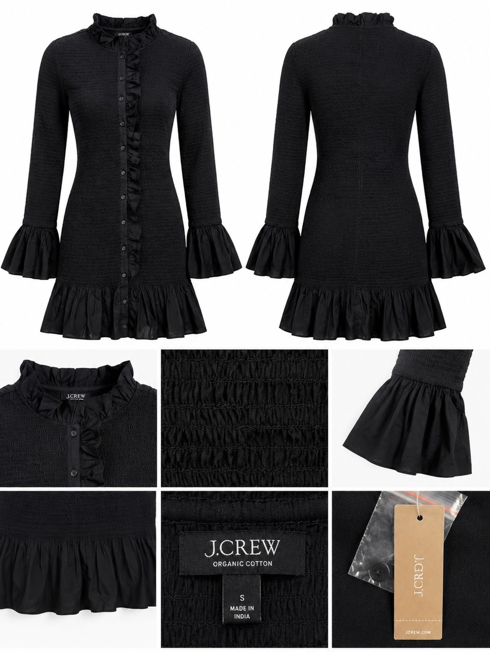 J.Crew Smocked Ruffle Mini Dress Black Organic Cotton Bell Sleeve Size Small NWT